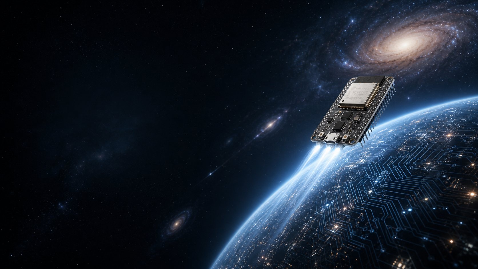ESP32 board launching above a circuit planet